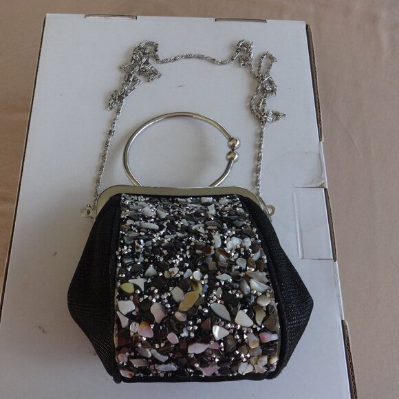 Quartz chips bling, cross body black clutch bag with push clasp closure, lined - Picture 1 of 13